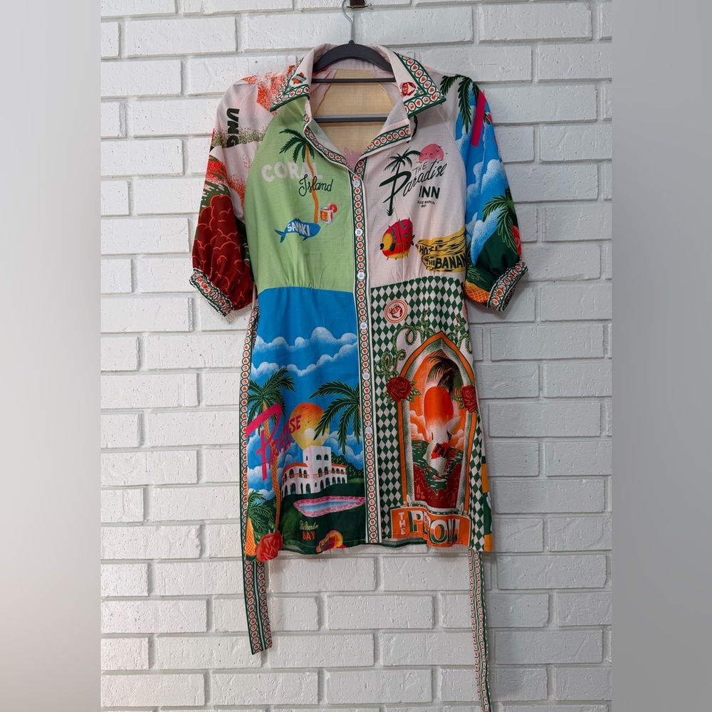 Womens Resort Print Bubble Sleeve Button Down Shirt Dress with Belt. Size L.